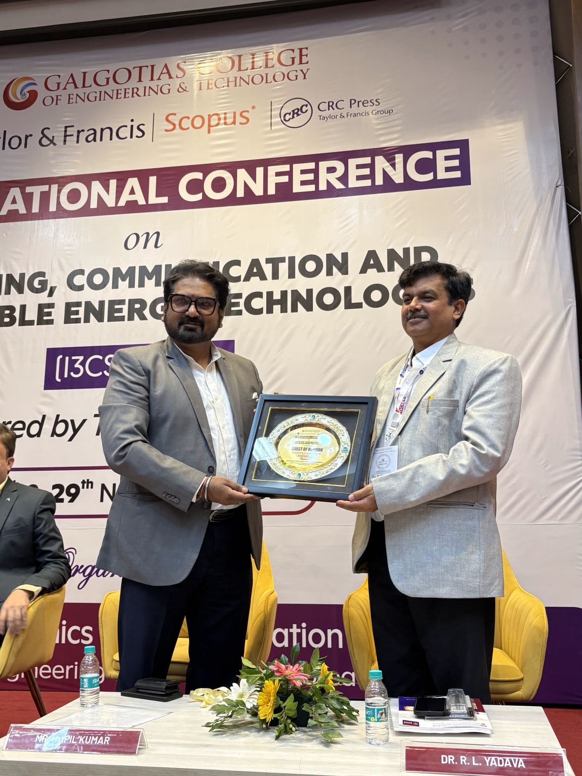 Galgotias College I3CSET‑2025 (28–29 Nov 2025) — Mr. Kapil Kumar honoured as Guest of Honour by Dr. R. L. Yadava, in collaboration with Taylor & Francis, Scopus and CRC Press.